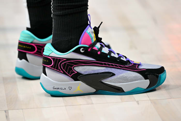 Dallas Mavericks guard Luka Doncic's grey and black Jordan Brand sneakers.